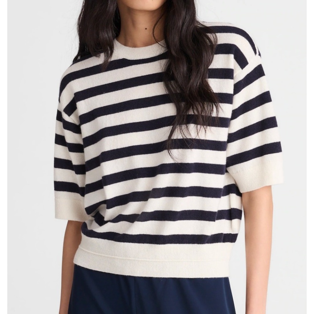 Madewell Relaxed Sweater Tee Women XS Ivory Navy Stripe 100% Cashmere Nautical - Picture 1 of 7